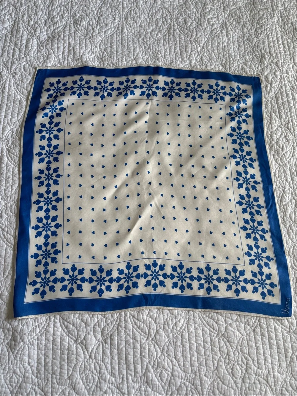 Vintage Vera Neumann Square Blue & White Floral Heart Scarf Silk Rayon?